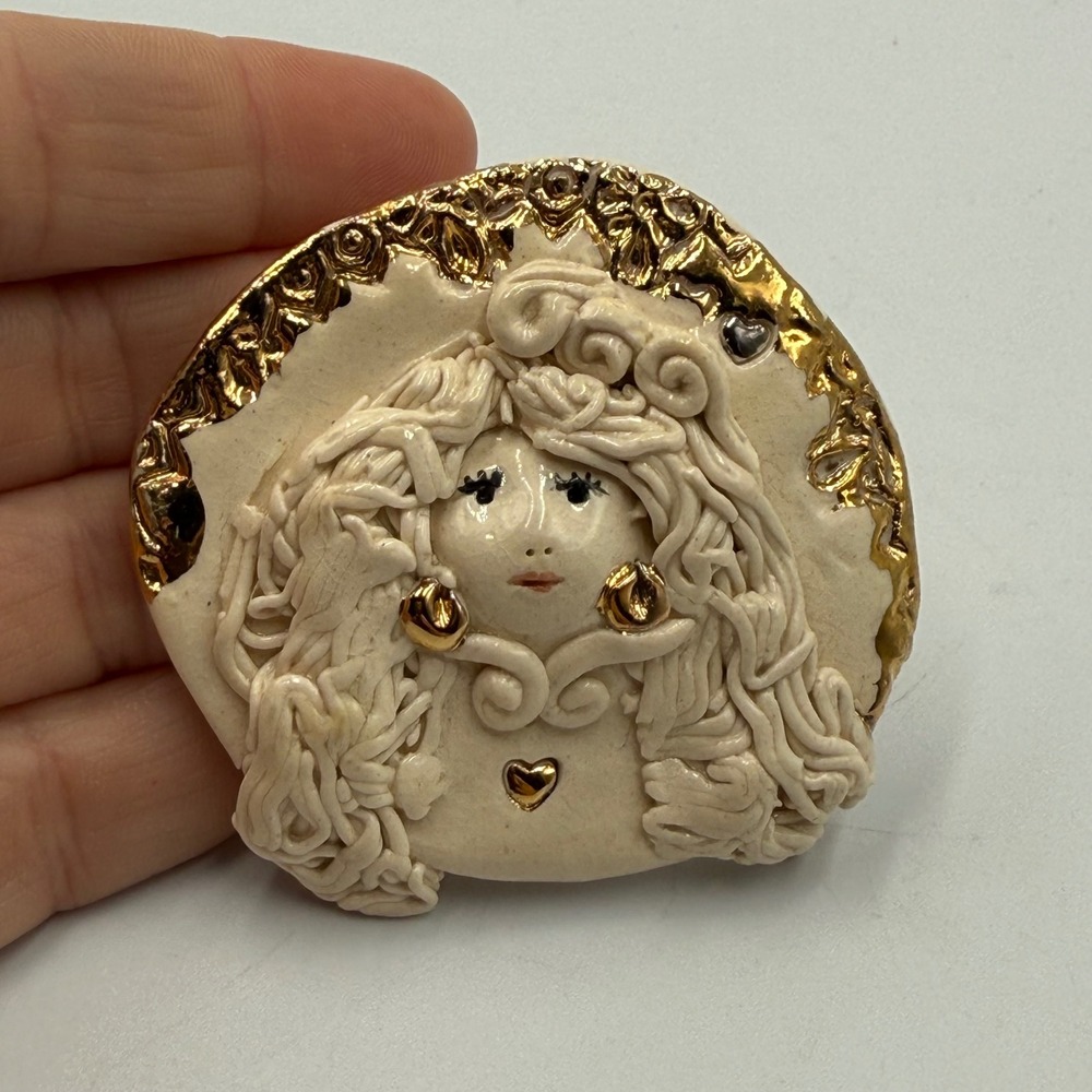 Vintage Artisan Ceramic Lady Face Brooch Gold Whimsical Cottagecore Pin